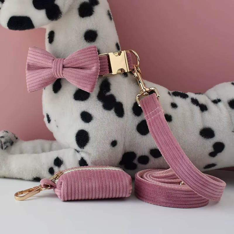 Corduroy Dog Collar Leash Set with Bow Tie & Poop Bag Holder
