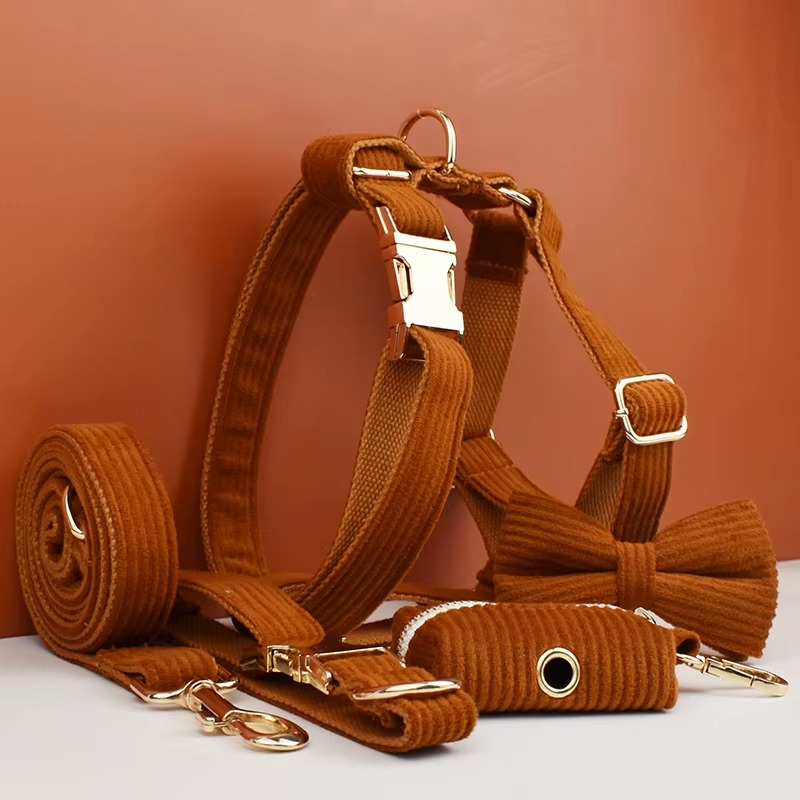 Corduroy Dog Collar Leash Set with Bow Tie & Poop Bag Holder