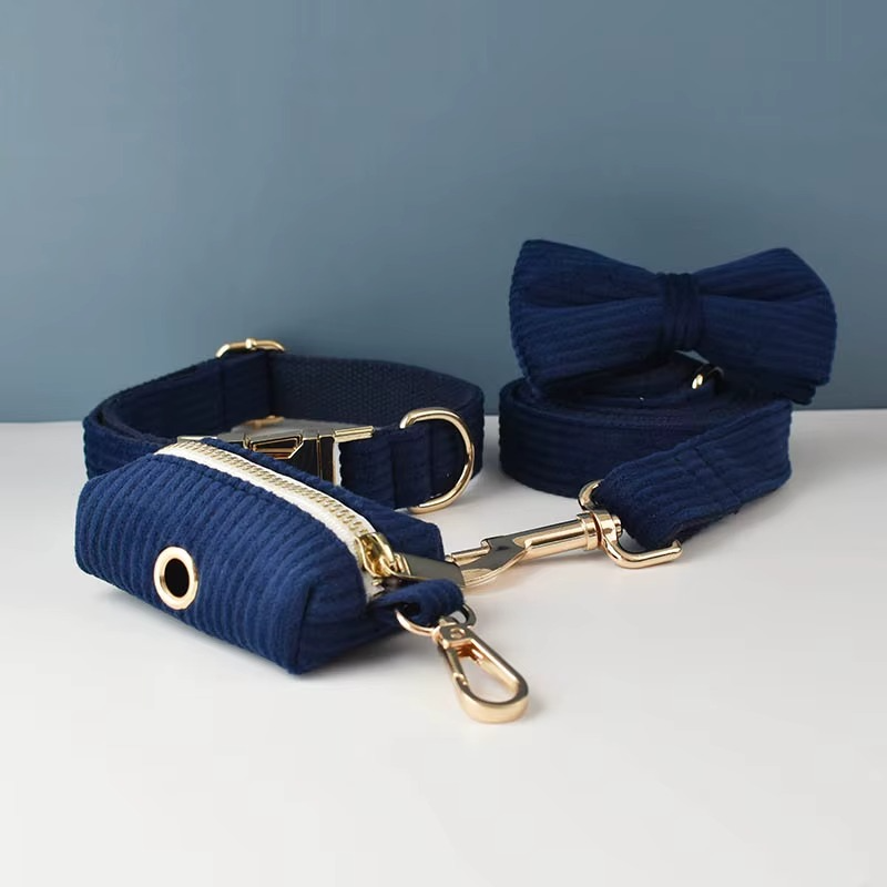 Corduroy Dog Collar Leash Set with Bow Tie & Poop Bag Holder