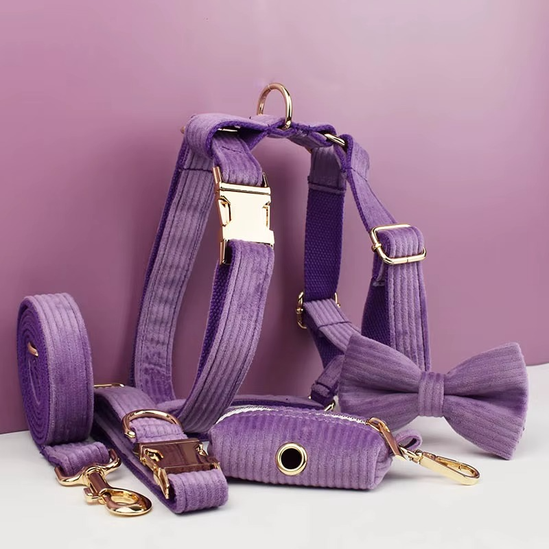 Corduroy Dog Collar Leash Set with Bow Tie & Poop Bag Holder
